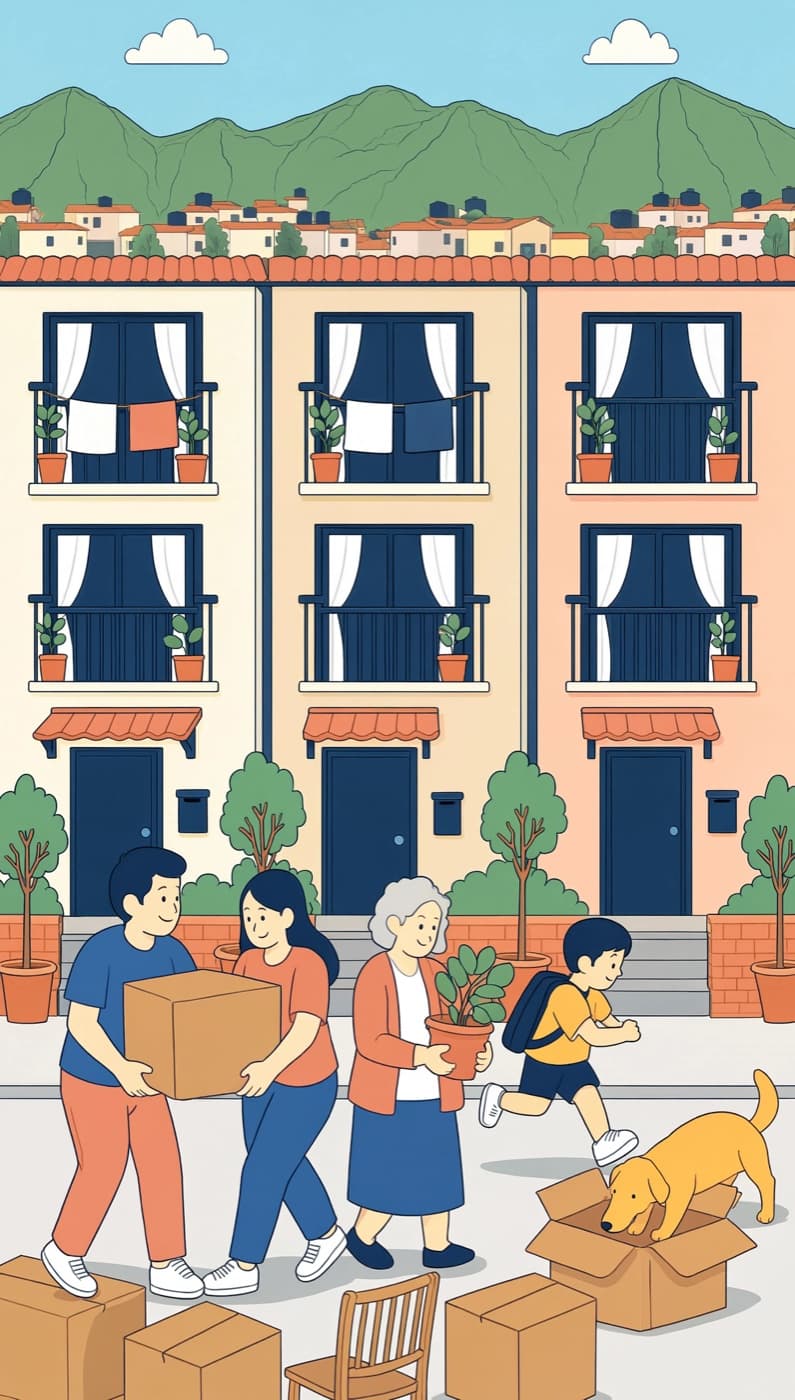 Familias mudándose a sus casas en un barrio colombiano